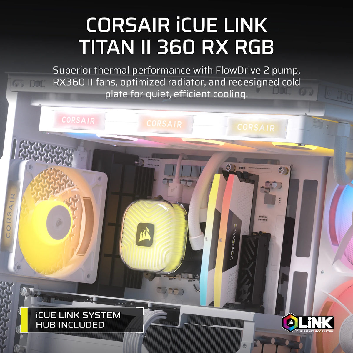 CORSAIR iCUE LINK TITAN II 360 RX RGB - White, 360mm AIO, FlowDrive Gen 2, RX II Fan, RGB, Copper Coldplate, AM5/AM4, LGA1851/1700