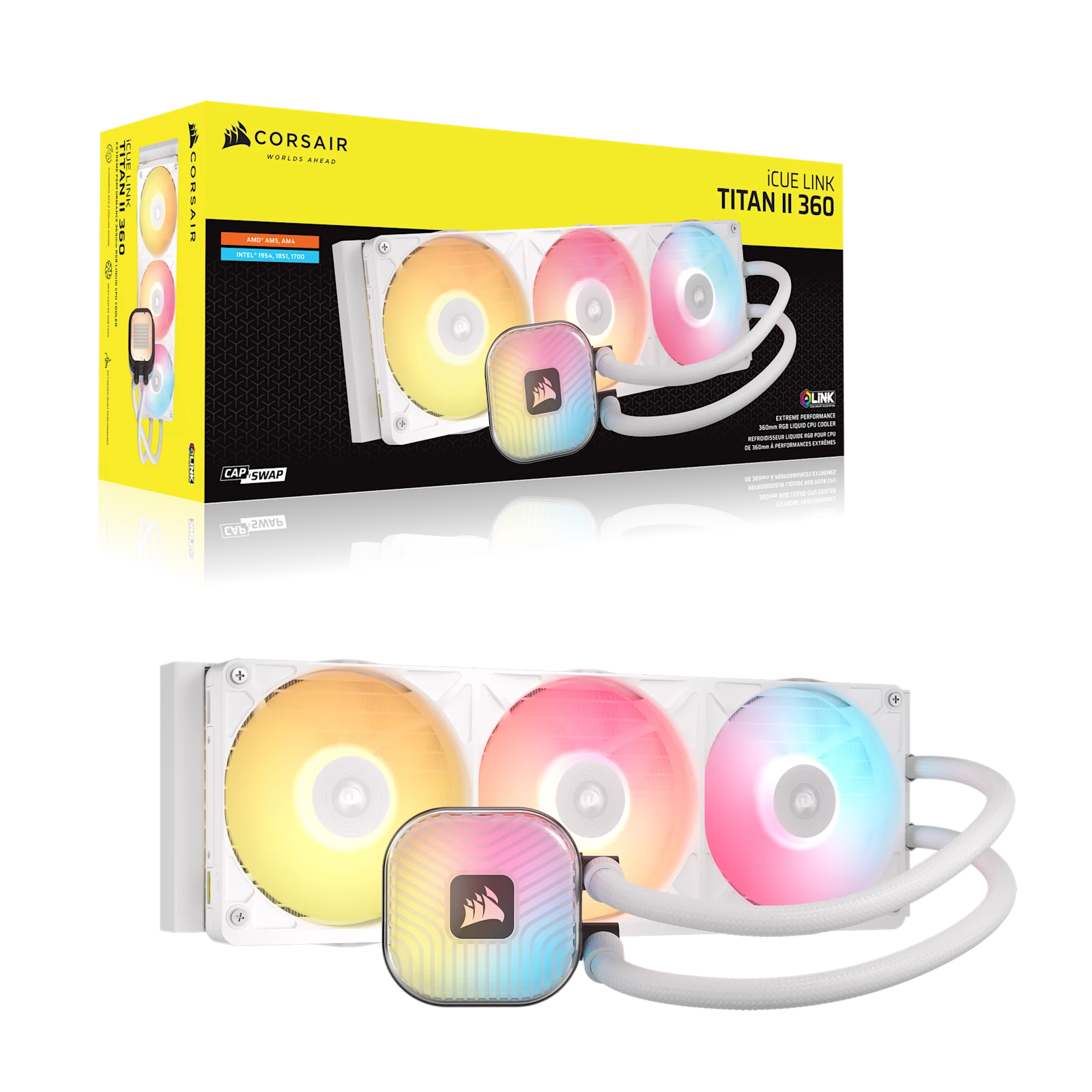 CORSAIR iCUE LINK TITAN II 360 RX RGB - White, 360mm AIO, FlowDrive Gen 2, RX II Fan, RGB, Copper Coldplate, AM5/AM4, LGA1851/1700