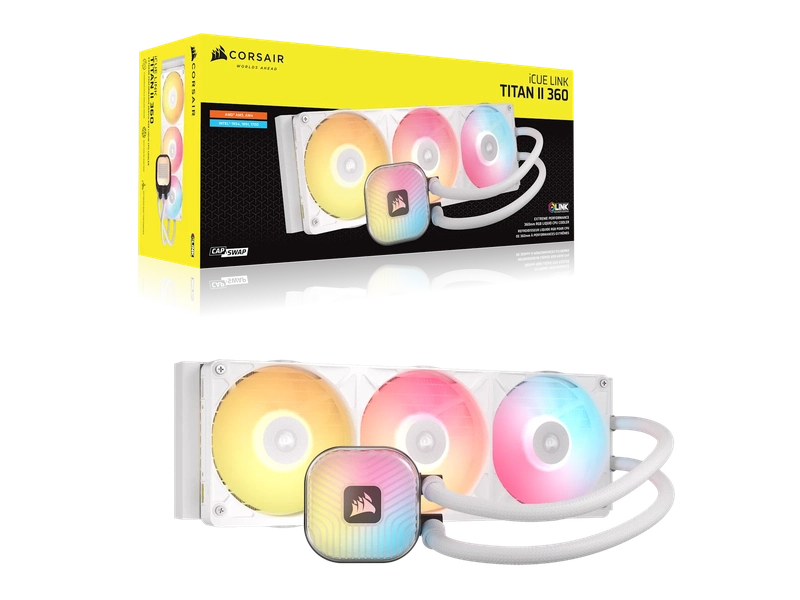 CORSAIR iCUE LINK TITAN II 360 RX RGB - White, 360mm AIO, FlowDrive Gen 2, RX II Fan, RGB, Copper Coldplate, AM5/AM4, LGA1851/1700