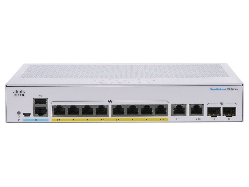 Cisco CBS250 8 Ports Manageable Ethernet Switch, Full PoE, GE, Ext PS, 2x1G SFPCombo